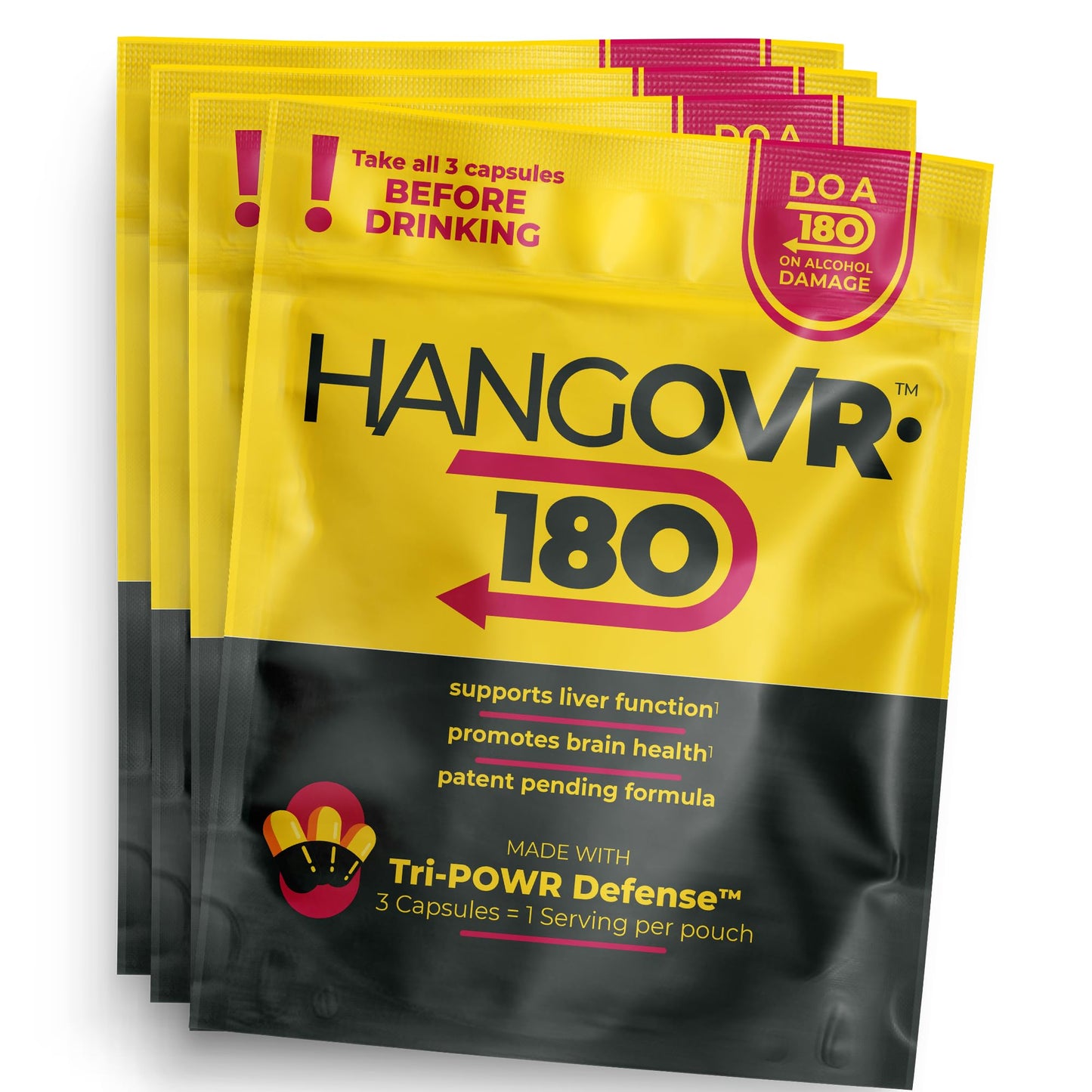 Hangovr 180 Tri-Power Before Drinking Defense 4 Pack - Support Liver & Brain Health, Feel Fresher & Better Energy - - Take Before Drinking for Relief, 3 Capsules per Pouch HANGOVR-180Buy Supplements Australia