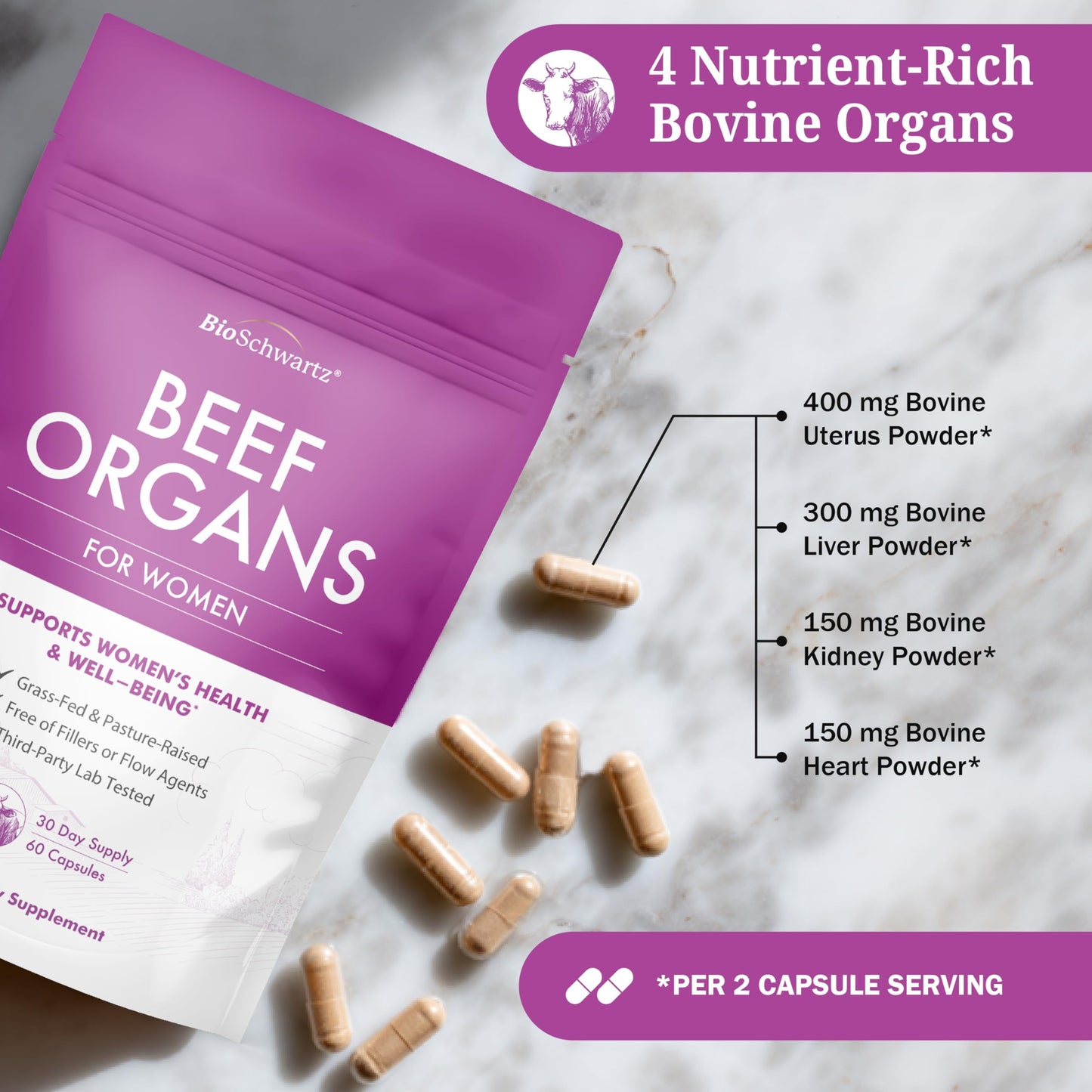 BioSchwartz Primal Beef Organ Supplement for Women - 60 Capsules - Grass-Fed & Pasture-Raised - Supports Healthy Hair Skin and Nails, Hormone Balance - with Bovine Liver, Kidney, Heart, Uterus Powder BioSchwartzBuy Supplements Australia