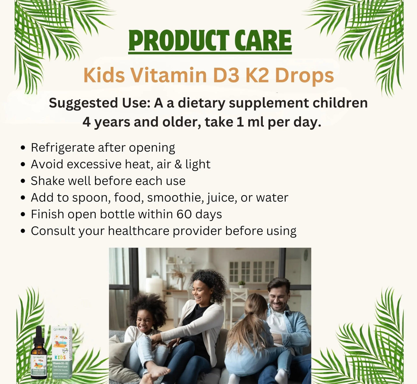 Go Healthy Kids Vitamins D3 K2 (MK-7), Child Vitamin D, Liquid Vegan D3 K2 Drops for Kids Go Healthy Natural