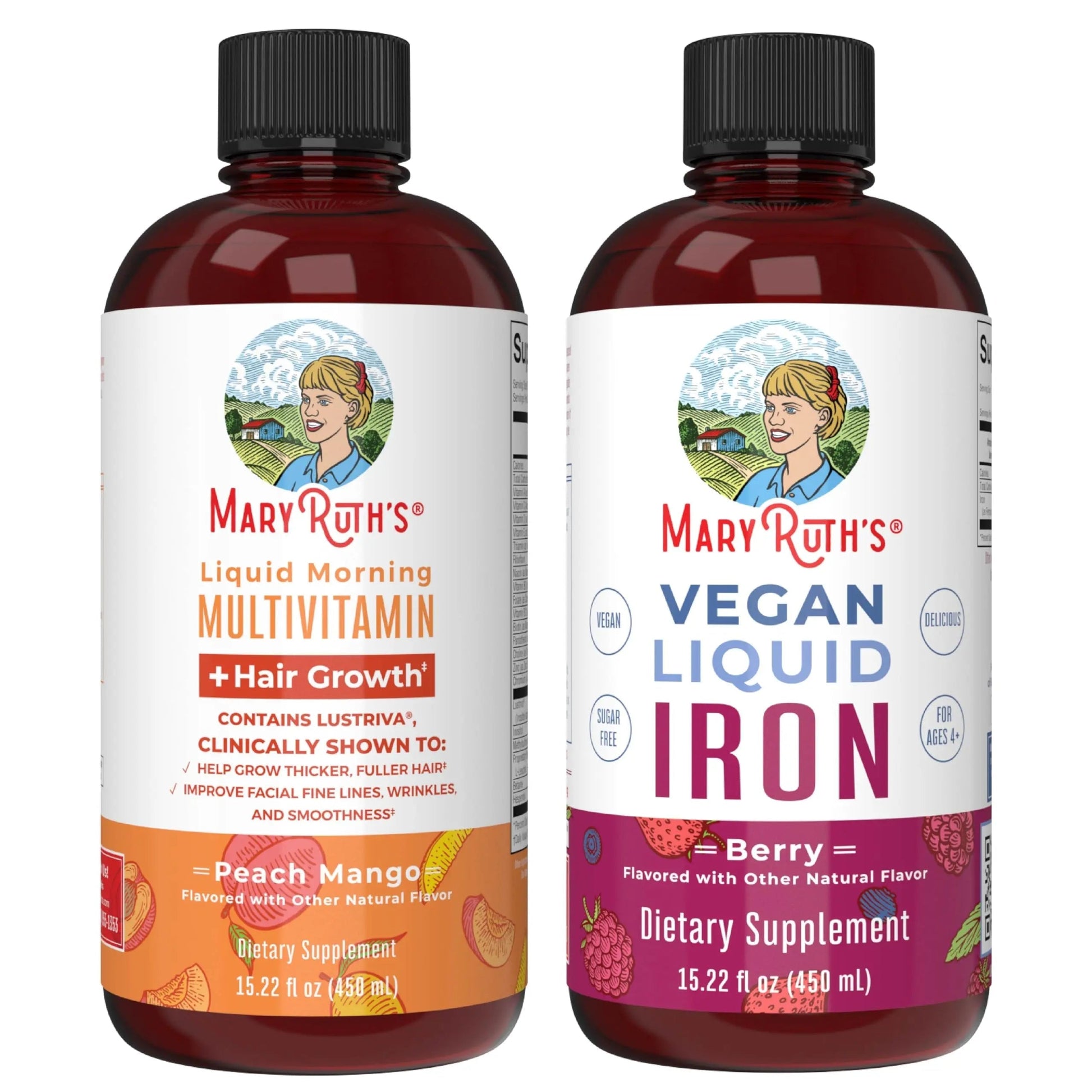 MaryRuth's MaryRuth's Liquid Morning Multivitamin +Hair Growth (Peach Mango, 15.22oz) & Iron Liquid (Berry) | Clean Label Project Verified® | MARYRUTH'SBuy Supplements Australia
