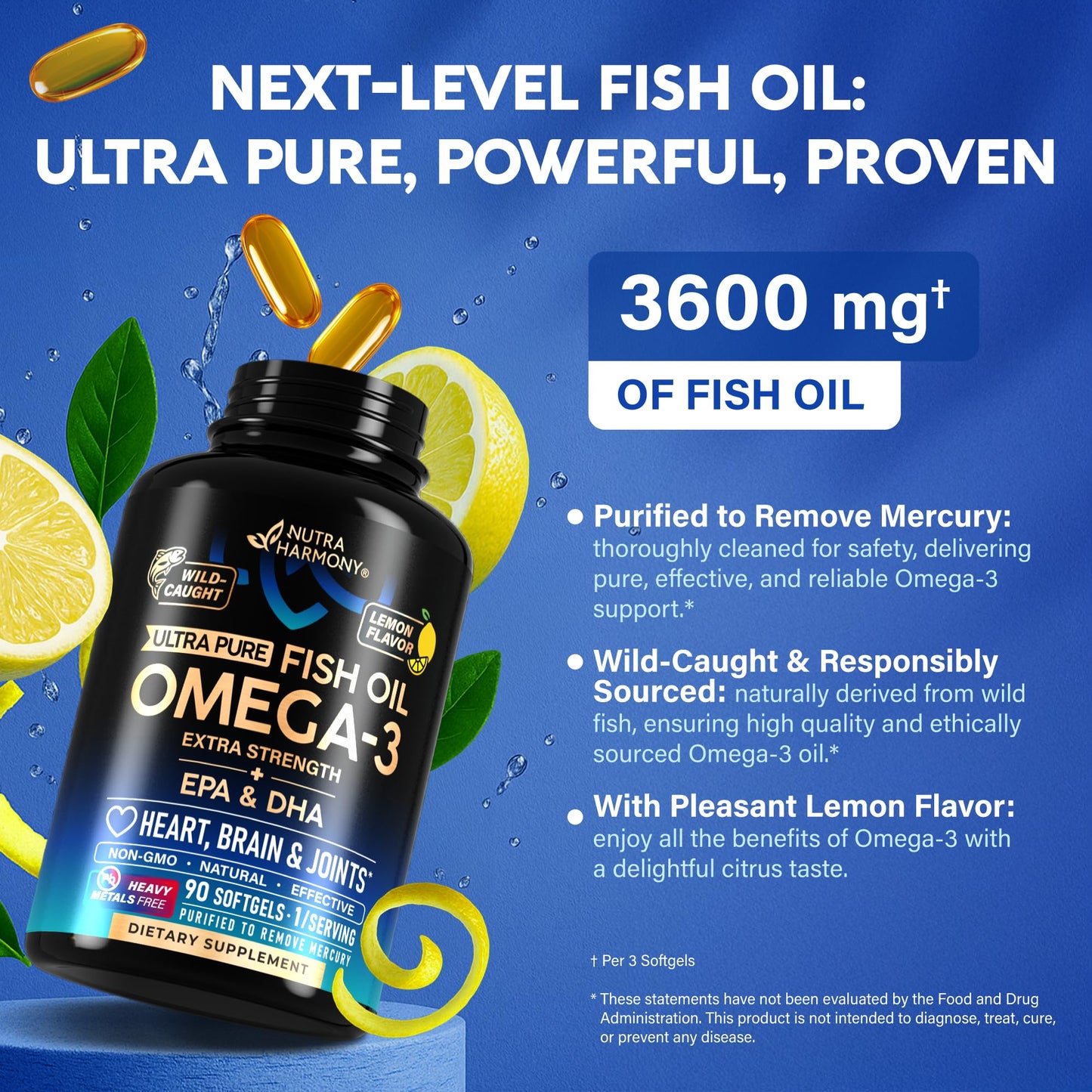 Omega 3 Fish Oil 3600 mg - Omega 3 Supplement | EPA & DHA - Heavy Metals Free - Heart, Brain & Joint Support - Purified Fish Oil for Men & Women - Lemon Flavored - Made in USA, 90 Softgels NUTRAHARMONYBuy Supplements Australia