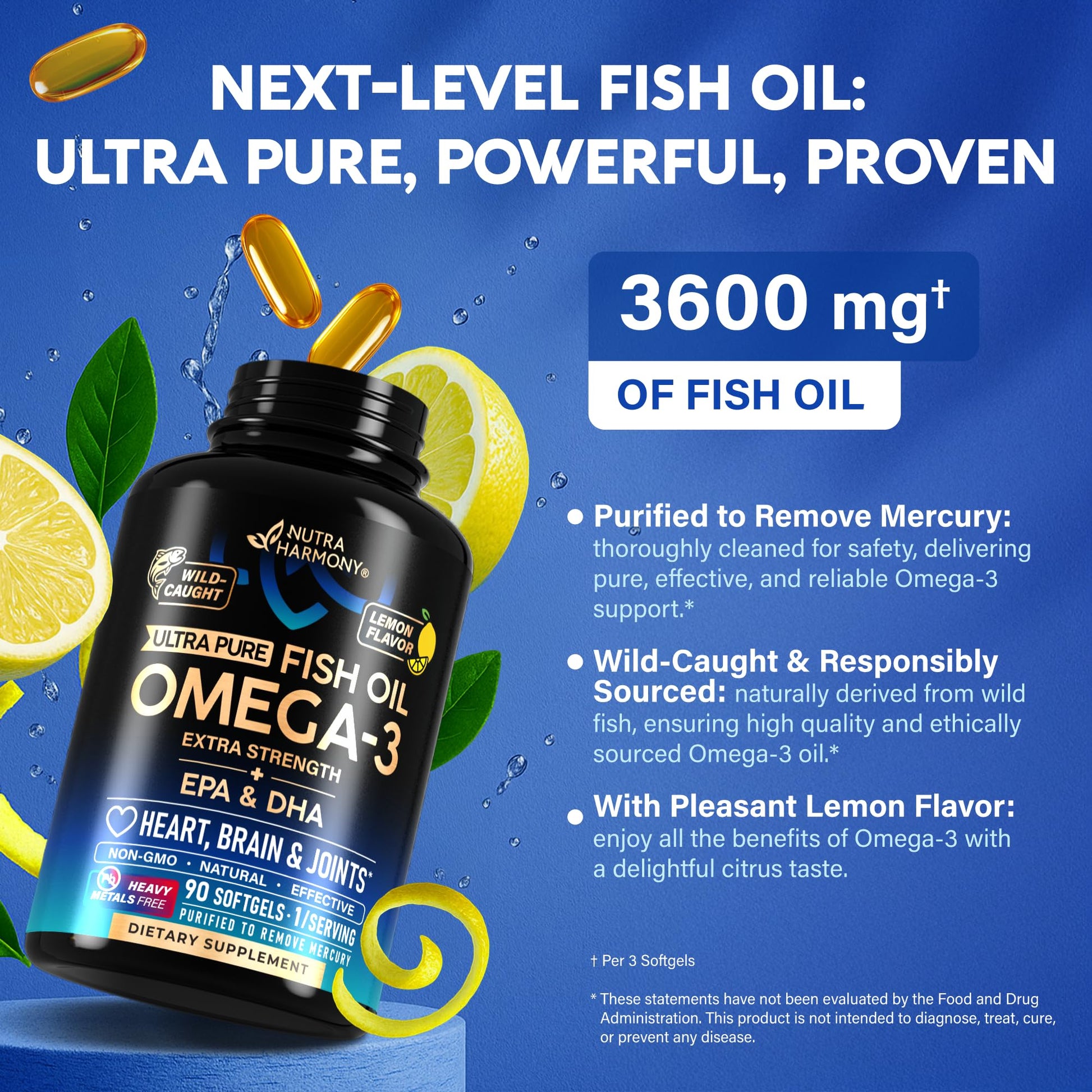 Omega 3 Fish Oil 3600 mg - Omega 3 Supplement | EPA & DHA - Heavy Metals Free - Heart, Brain & Joint Support - Purified Fish Oil for Men & Women - Lemon Flavored - Made in USA, 90 Softgels NUTRAHARMONYBuy Supplements Australia