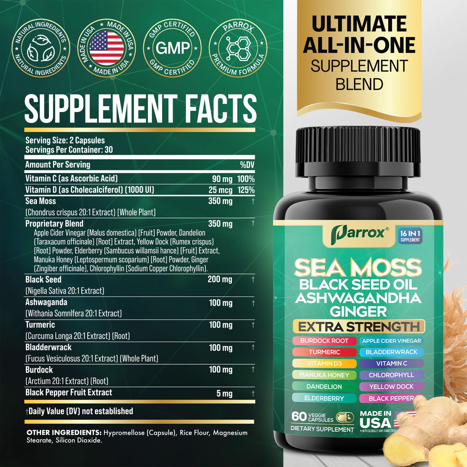 Parrox Sea Moss, Black Seed Oil, Ashwagandha, Turmeric, Chlorophyll, Dandelion, Ginger, Vitamin D3, Black Pepper, Elderberry, ACV, Yellow Dock, Burdock Root, Manuka, Vitamin C, Bladderwrack (60 Caps) ParroxBuy Supplements Australia