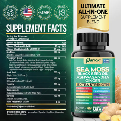 Parrox Sea Moss, Black Seed Oil, Ashwagandha, Turmeric, Chlorophyll, Dandelion, Ginger, Vitamin D3, Black Pepper, Elderberry, ACV, Yellow Dock, Burdock Root, Manuka, Vitamin C, Bladderwrack (60 Caps) ParroxBuy Supplements Australia