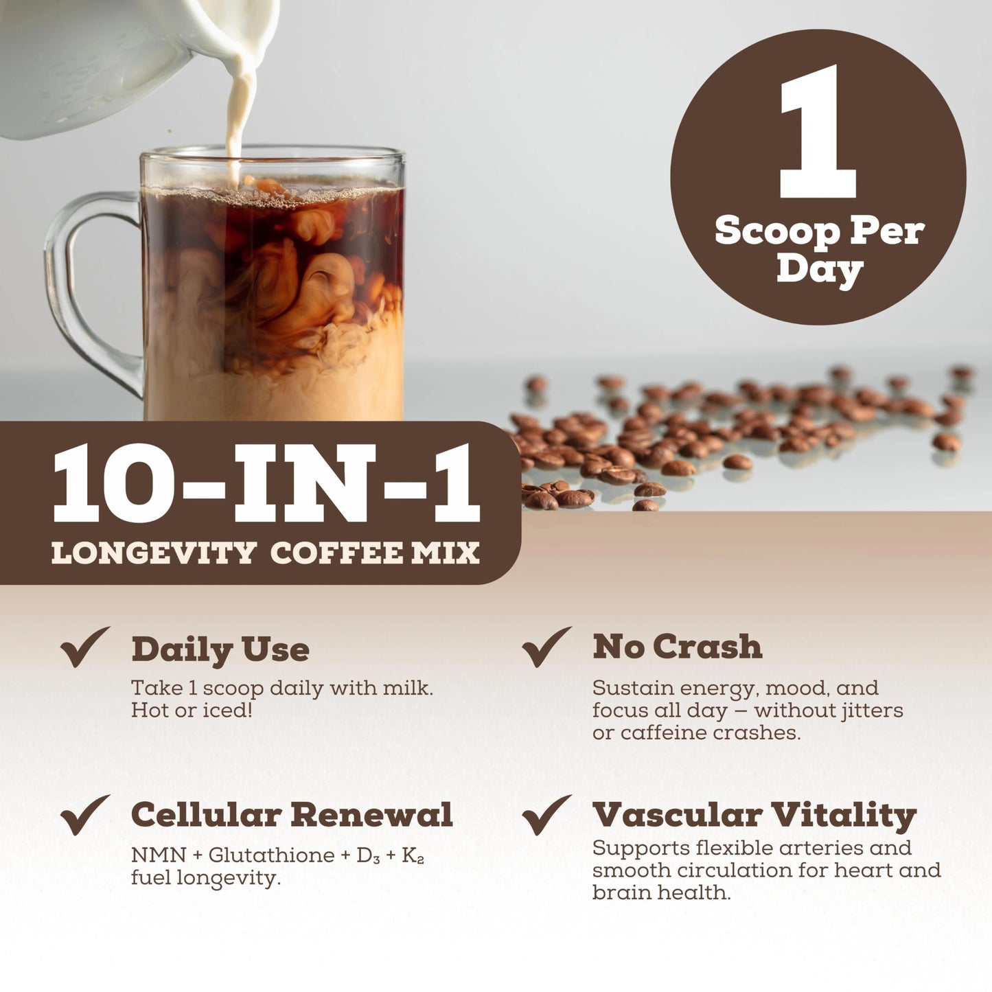 Black Forest Longevity Mix Liquid NAD+ Alternative Mocha Coffee 10-in-1 with NMN 250mg, Glutathione 250mg, TMG, Magnesium Glycinate, Vitamins D3 K2 C B12, High Polyphenol Cocoa, 30 Servings