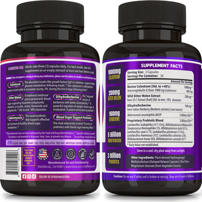 Blood Sugar Support Colostrum Supplement w/ Bitter Melon, Probiotics Blend w/ Akkermansia & Prebiotic Berberine | For Healthy Blood Glucose, Metabolism, Gut & Immunity | 90 Delayed Release Vegan Caps FOLONABuy Supplements Australia