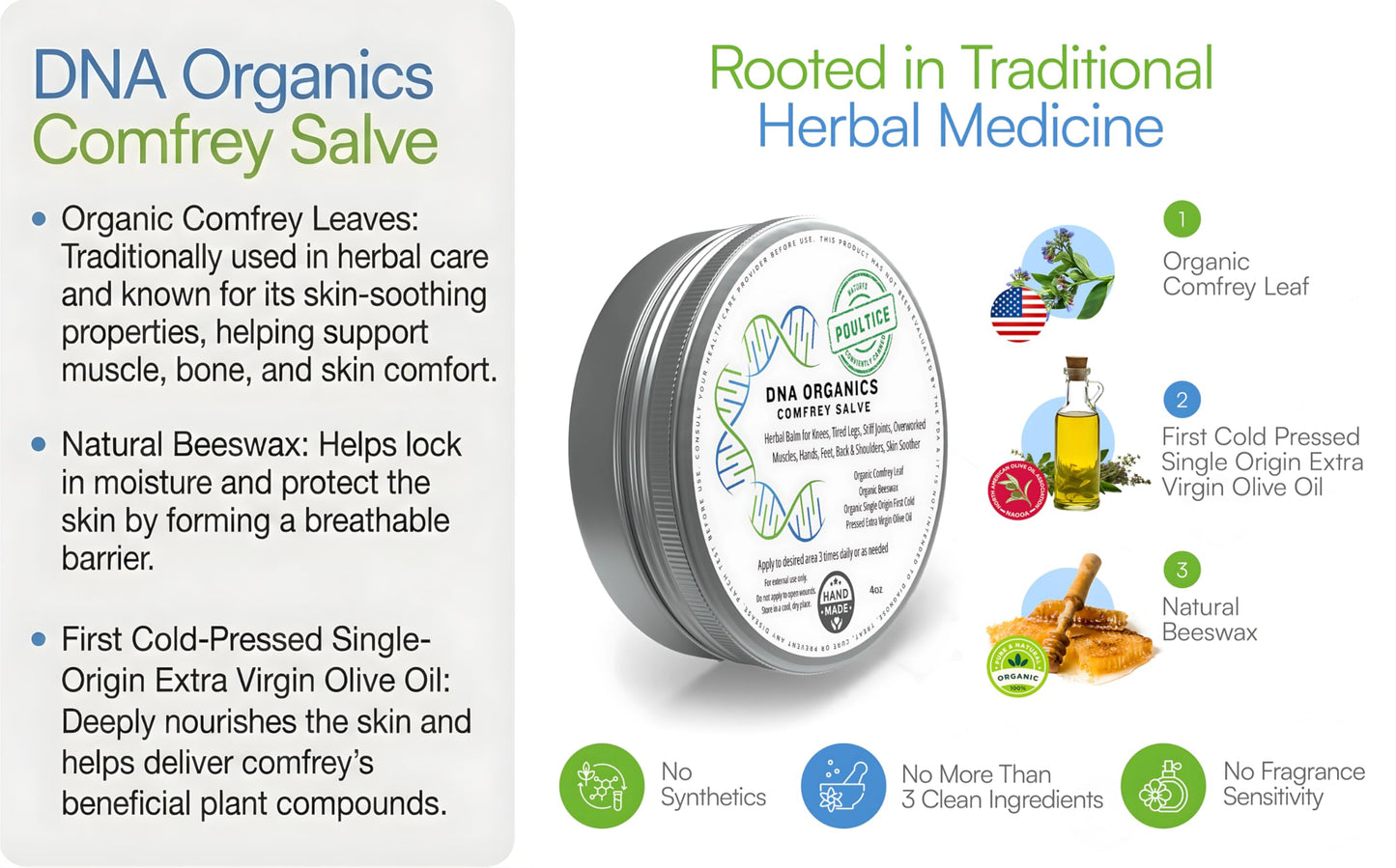 DNA Organics Comfrey Salve Ointment 2oz – Organic Herbal Salve for Bones, Muscles, Joints, Knees, Skin & Tattoo Care. Herbal Balm for Soothing Relief. Handcrafted, Slow-Infused, No Chemical Fillers Wild CastleBuy Supplements Australia