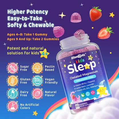 Kids Sleep Gummies, NO Melatonin Sleep Aid Gummies w/ Magnesium Glycinate, Magnesium Malate, L-Theanine, Lavender, B6, Zinc, D3K2 for Restful Sleep, Relax Brain & Muscle, Immune Support, Non-GMO 1Pack ELLAMENTZBuy Supplements Australia