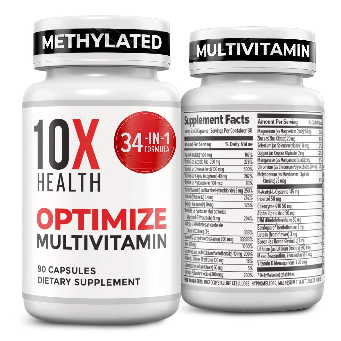 10X Health Optimize Multivitamin for Men - 90 Capsules, Methylated Multivitamin 34 in 1 Formula with 800 mcg of Vitamin B12, 5-MTHF, NAC - Methyl B Complex 10X Health SystemBuy Supplements Australia