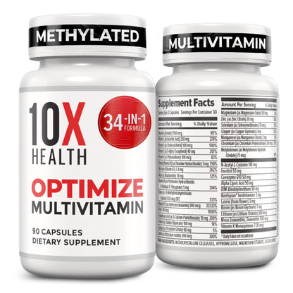 10X Health Optimize Multivitamin for Men - 90 Capsules, Methylated Multivitamin 34 in 1 Formula with 800 mcg of Vitamin B12, 5-MTHF, NAC - Methyl B Complex 10X Health SystemBuy Supplements Australia