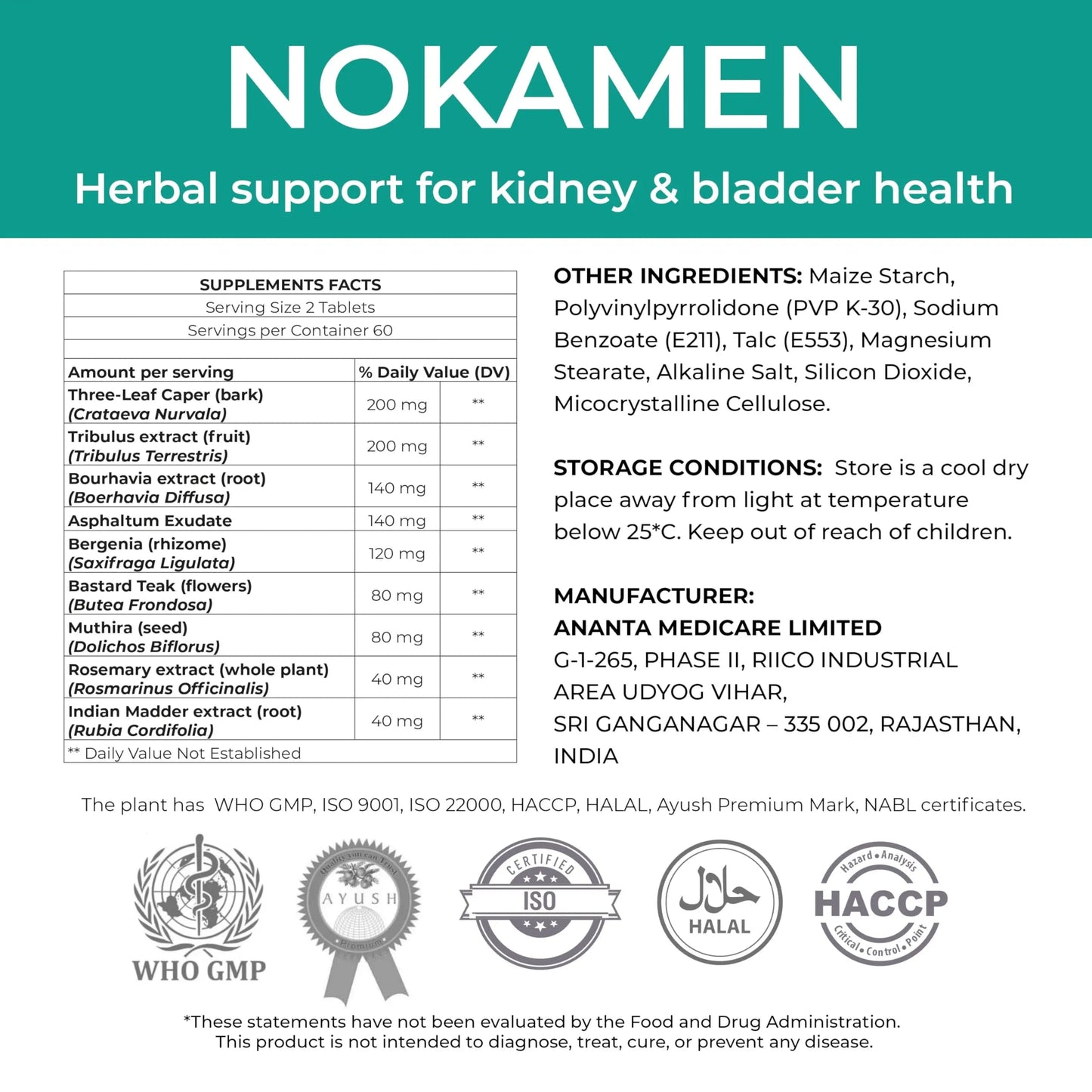 Ananta Medicare USA NOKAMEN – Kidney & Urinary Tract Support Herbal Formula, 120 Tabs Ananta Medicare USABuy Supplements Australia