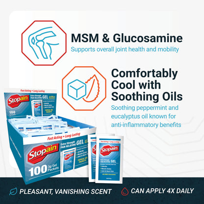 Stopain Pain Relief 3g Gel Packets, 100ct, 8% Menthol, Topical Pain Relief, Knee Pain Relief, Back Pain Relief, and Arthritis Pain Relief, Perfect for Workplace First Aid Cabinets, Made in USA StopainBuy Supplements Australia