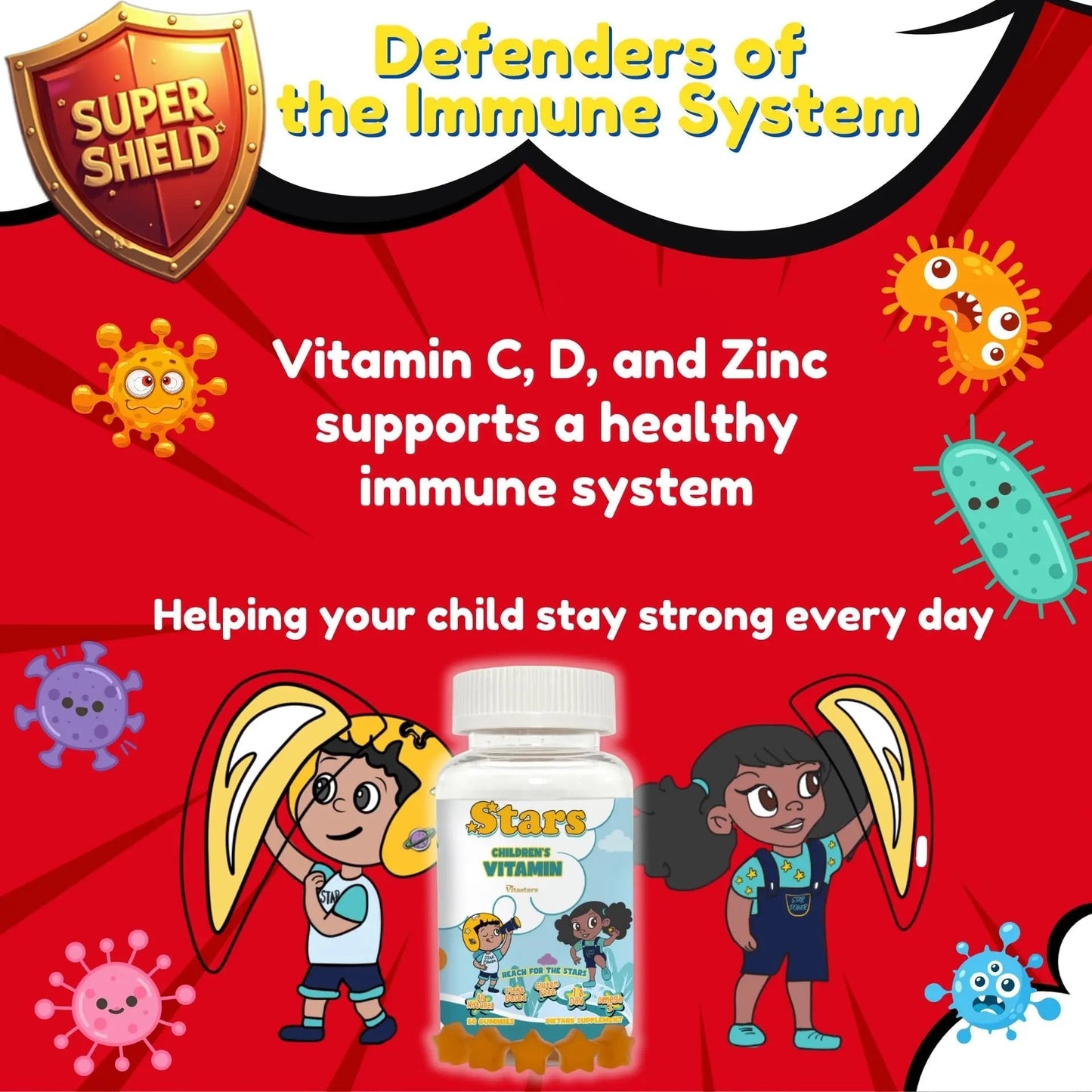 Stars Kids Multivitamin Gummies with Omega 3, Vitamins for Kids with A, B, C, D, Plant Based Multi Vitamins for Children, Manganese Vitastars