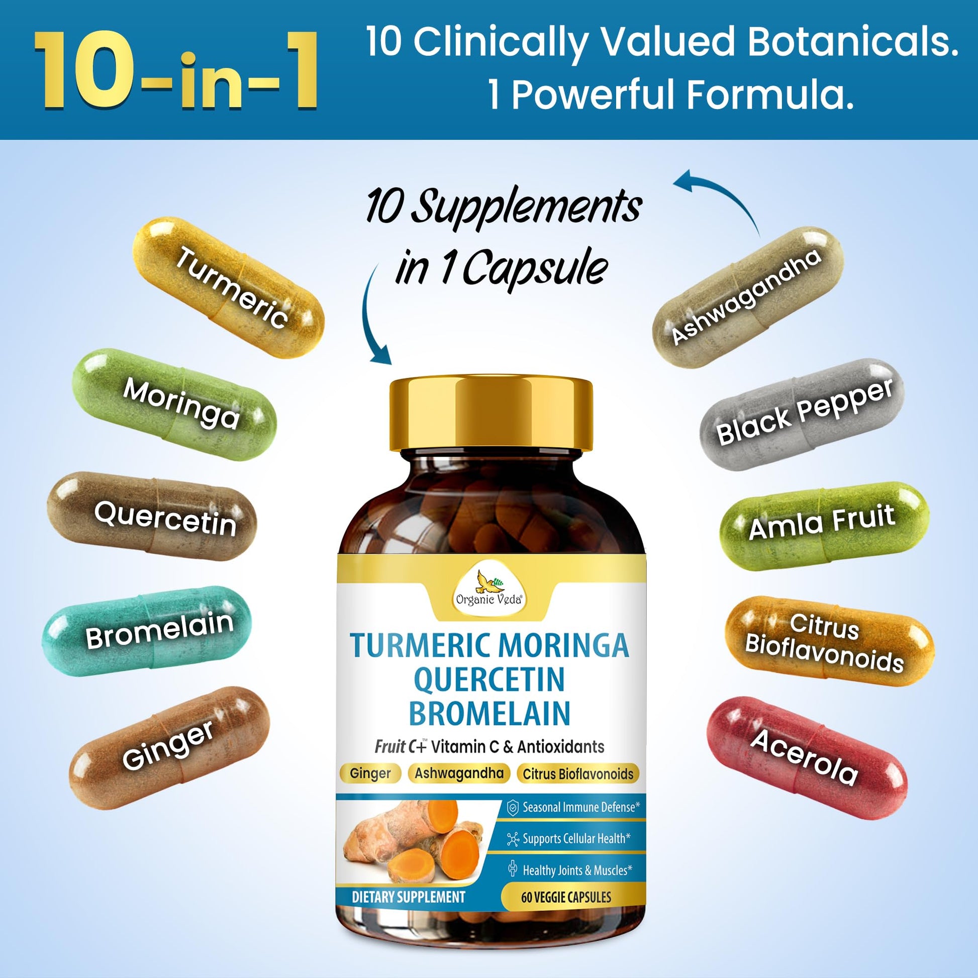 Organic Veda Turmeric Moringa Quercetin with Bromelain Capsules - Fruit C+ Vitamin C Antioxidants Immune System & Respiratory Supplement - Ashwagandha, Ginger, Citrus Bioflavonoids, 60 Vegan Capsule Organic VedaBuy Supplements Australia