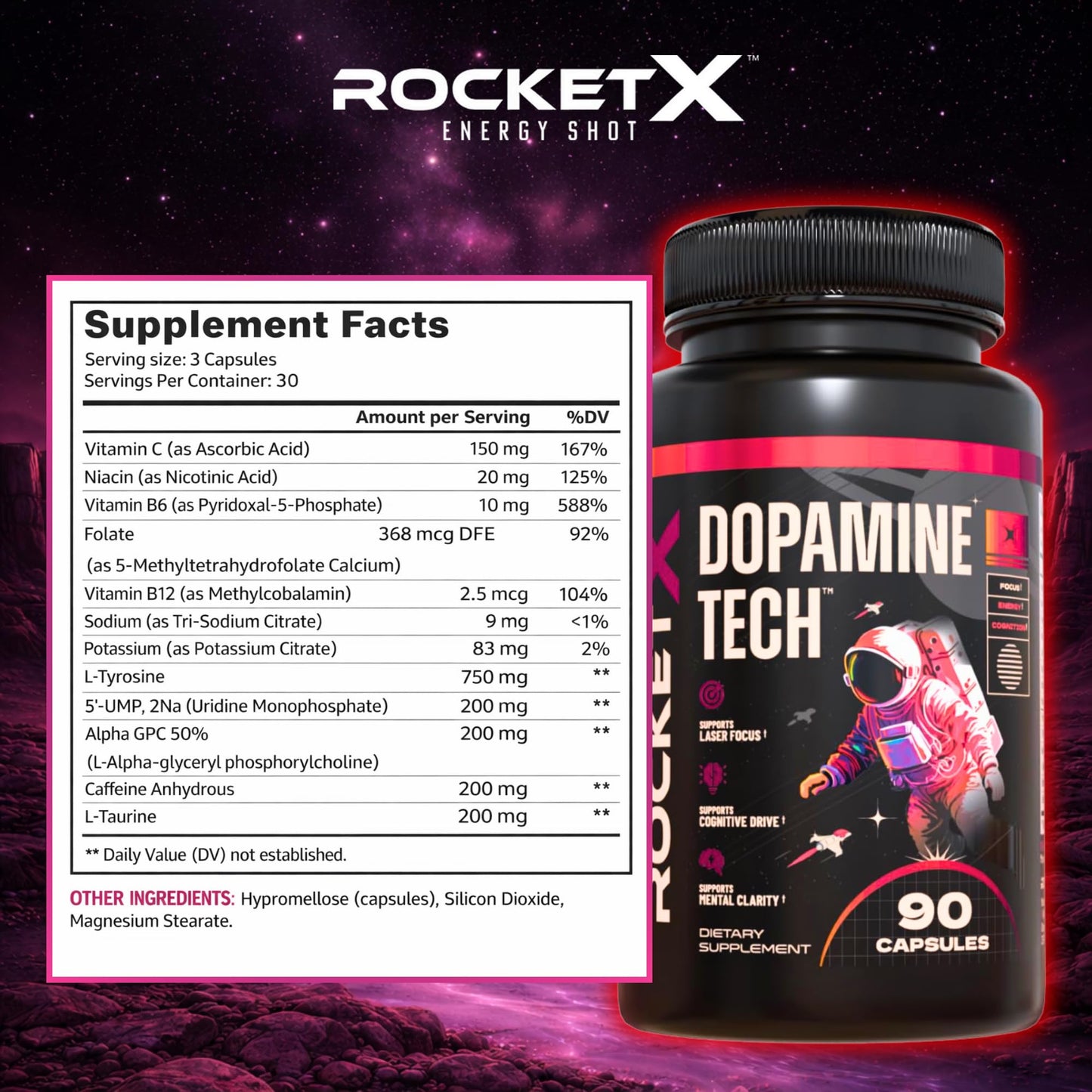 RocketX Dopamine Tech Brain Food Supplement, with L-Tyrosine and B Vitamins for Focus, Mental Clarity and Cognitive Drive, Vegan Capsules, 90 Capsules RocketX EnergyBuy Supplements Australia