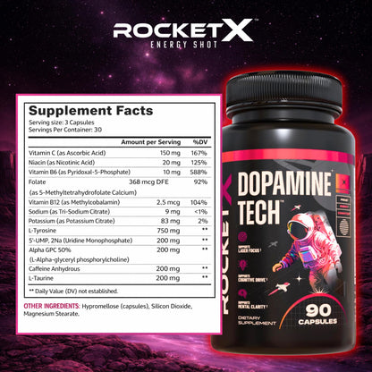 RocketX Dopamine Tech Brain Food Supplement, with L-Tyrosine and B Vitamins for Focus, Mental Clarity and Cognitive Drive, Vegan Capsules, 90 Capsules RocketX EnergyBuy Supplements Australia