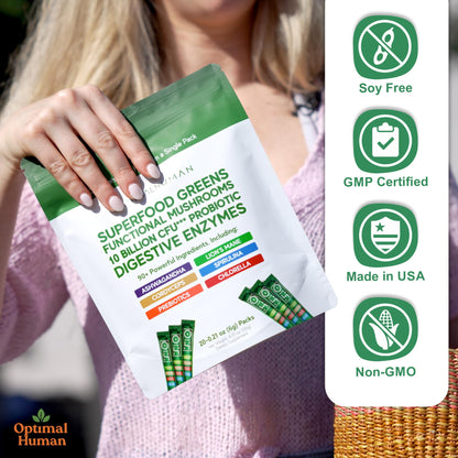 Optimal Human Superfood Greens Powder – 90+ Ingredient Blend with Lion’s Mane Supplement, Ashwagandha & Turmeric – Non-GMO, Soy-Free, Mushroom Supplements for Women – 20 Sachets O HBuy Supplements Australia