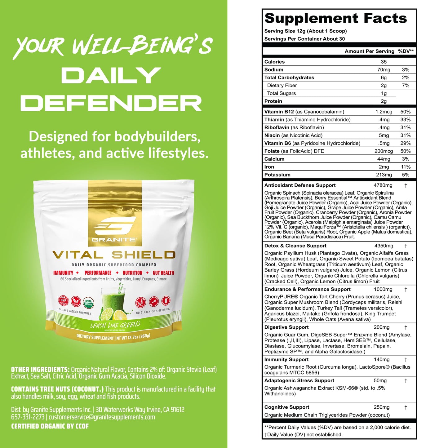 Granite Nutrition Vital Shield - USDA Organic Superfood Greens with Mushrooms & Tart Cherry – Supports Energy, Immune Function & Digestive Health – Lemon Lime Flavor (30 Servings) Granite SupplementsBuy Supplements Australia