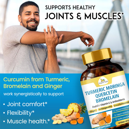 Organic Veda Turmeric Moringa Quercetin with Bromelain Capsules - Fruit C+ Vitamin C Antioxidants Immune System & Respiratory Supplement - Ashwagandha, Ginger, Citrus Bioflavonoids, 60 Vegan Capsule Organic VedaBuy Supplements Australia