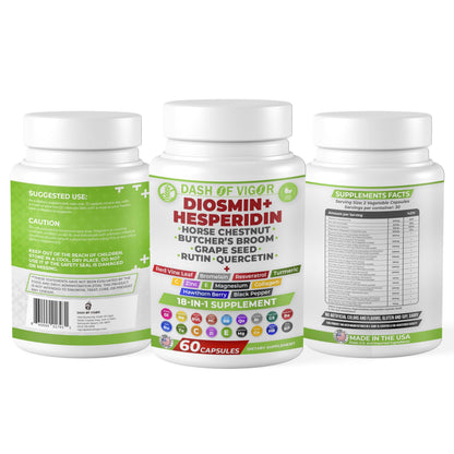 Dash of Vigor 18-in-1 Diosmin Hesperidin Supplement, Quercetin with Bromelain, Zinc, Vitamin C with Rutin Supplement, Horse Chestnut Extract, Butcher's Broom Extract, USA, 60 Capsules DASH OF VIGOR DOFVBuy Supplements Australia