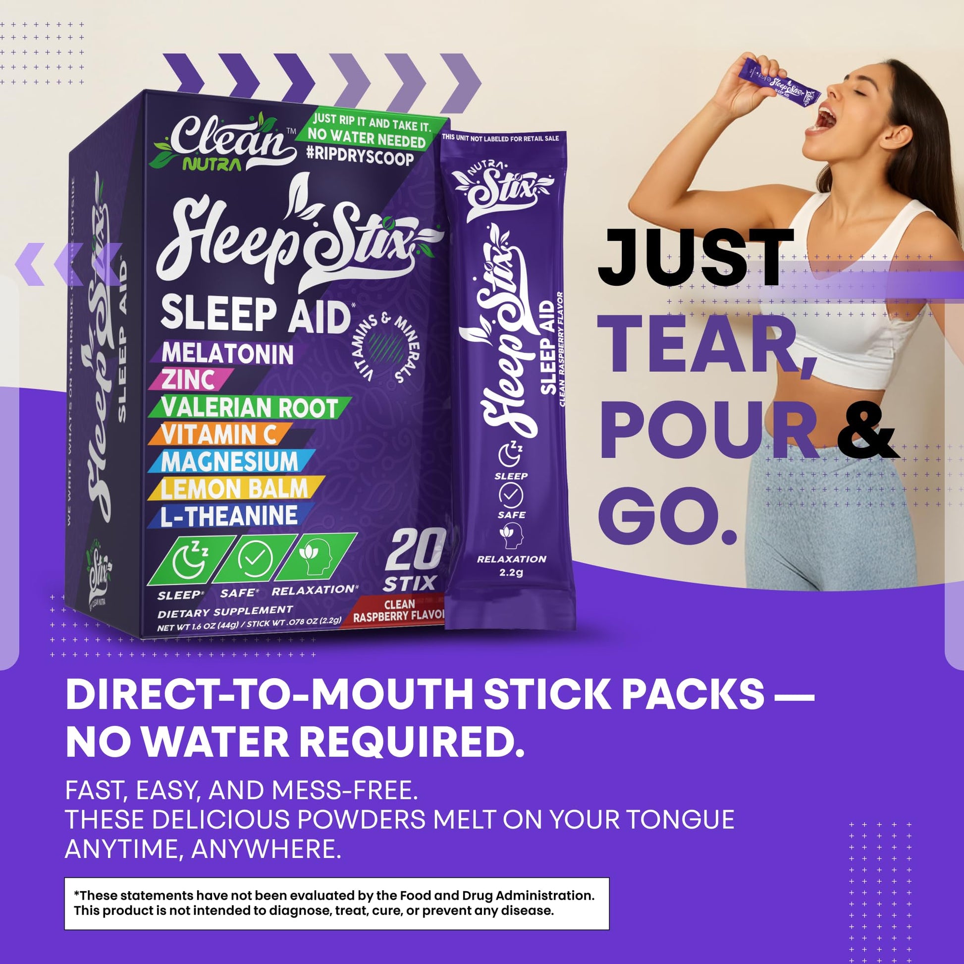 Sleep Aid Melatonin Powder Tryptophan Glycine Valerian Root Magnesium For Sleep Lemon Balm L Theanine Magnesium Glycinate Zinc Sleep Aid Myo Inositol GABACalm B6 5 HTP Stress Relief 20 Stix Clean NutraceuticalsBuy Supplements Australia