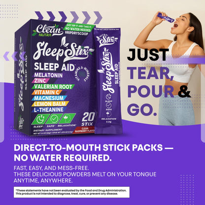 Sleep Aid Melatonin Powder Tryptophan Glycine Valerian Root Magnesium For Sleep Lemon Balm L Theanine Magnesium Glycinate Zinc Sleep Aid Myo Inositol GABACalm B6 5 HTP Stress Relief 20 Stix Clean NutraceuticalsBuy Supplements Australia