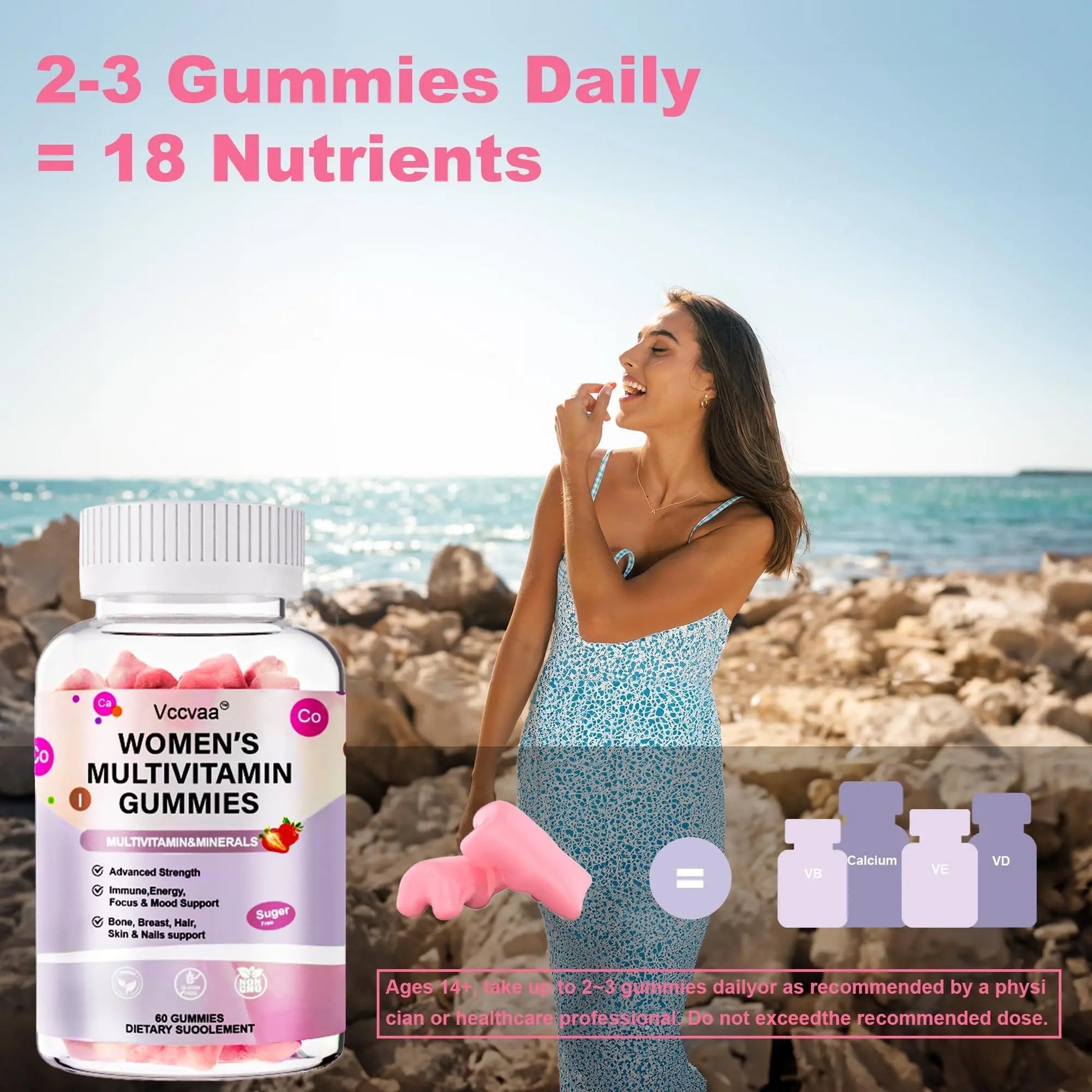 Vccvaa Sugar Free Multivitamin Gummies for Women 14+ with Iron, Inositol, Folate, Vitamins A C D3 E B12 K2, Herbal & Mineral Blend VccvaaBuy Supplements Australia