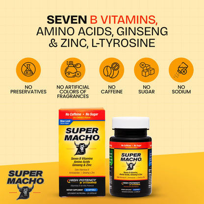 Super Macho, High Potency B Vitamins and Amino Acids, Fuel for Today's Active Men, No Caffeine, No Sugar, Dietary Supplement, Made in USA,50 Softgels Super MachoBuy Supplements Australia