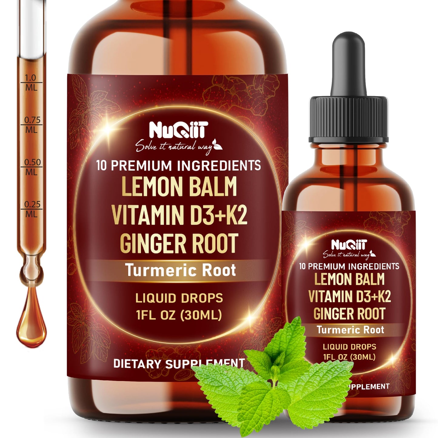 NUQIIT 10in1 Lemon Balm Tincture Blend Includes Vitamin D3, Vitamin K2, Lemon Balm, Ginger, Turmeric, Ceylon Cinnamon and More - 1 FL Oz - 60 Day Supply NUQIITBuy Supplements Australia