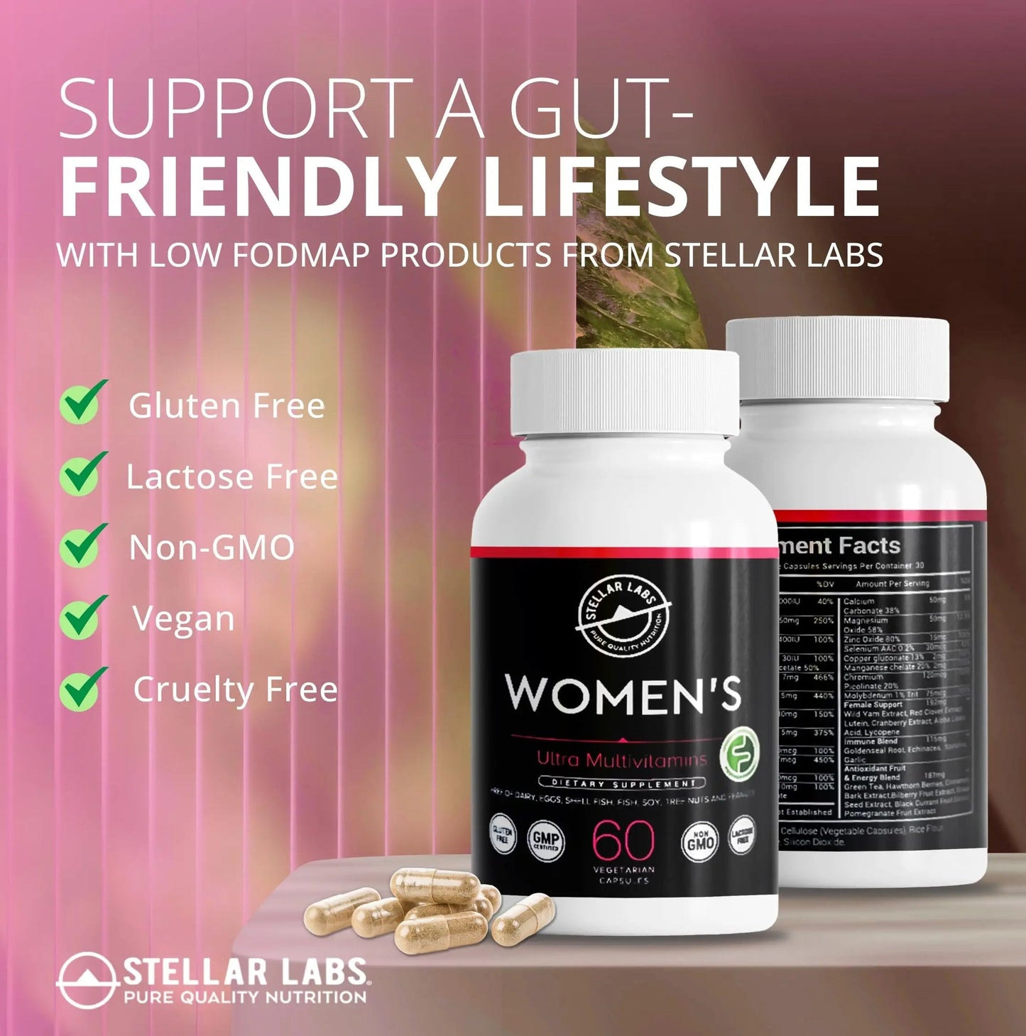 Stellar Labs Low FODMAP Vegan Women's Ultra Multi-Vitamin | Easy to Digest Daily Multivitamin Without Iron | Low Energy Supplement, Female Support | Stellar Labs
