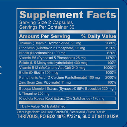 Thrivous Clarity Daily Nootropic – Cognitive Support & Mood Formula with Bacopa (Synapsa®), L-Theanine, Rhodiola Rosea, Vitamin B Complex
