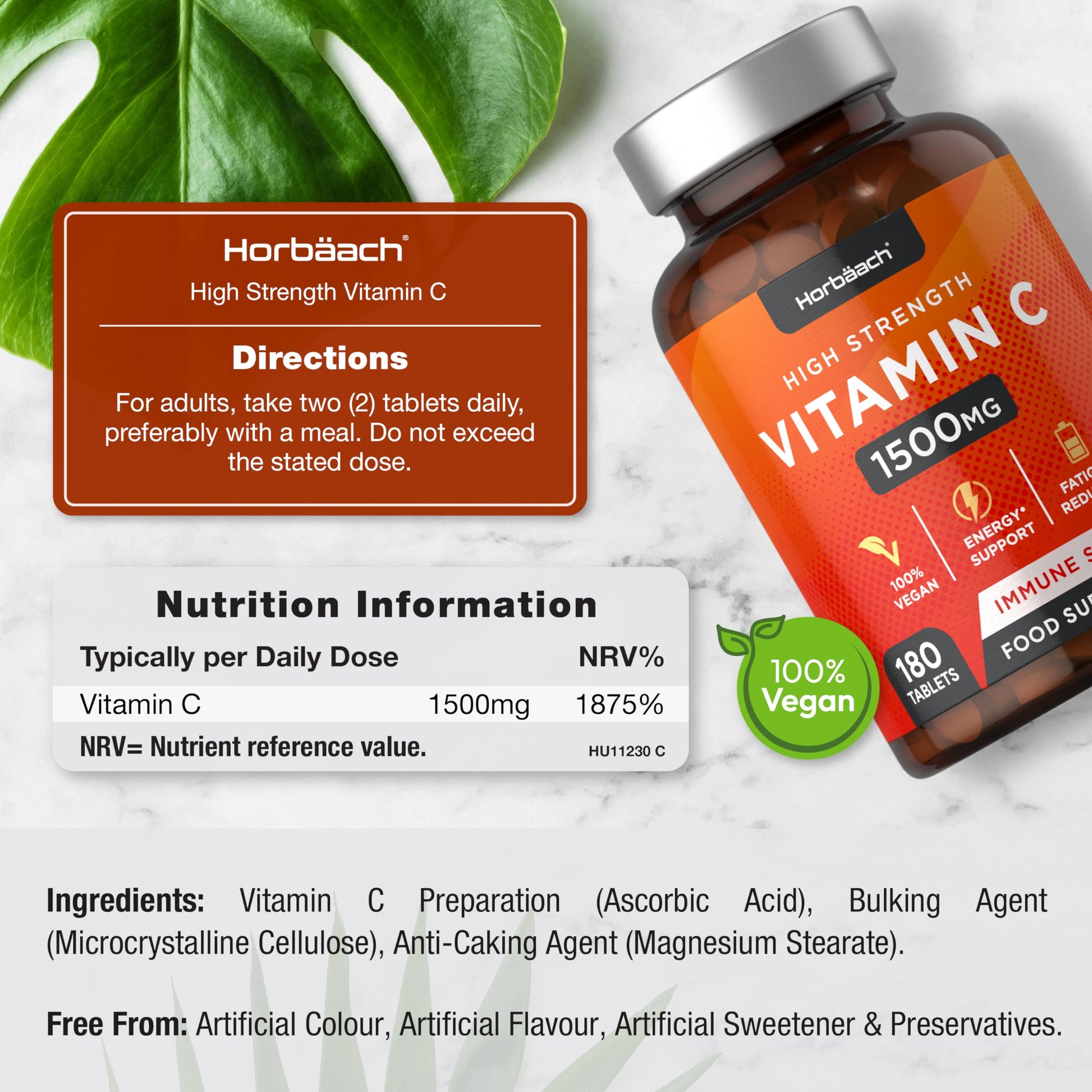 Vitamin C Tablets 1500mg | 180 Count | High Strength Vegan Supplement | No Artificial HorbäachBuy Supplements Australia