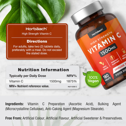 Vitamin C Tablets 1500mg | 180 Count | High Strength Vegan Supplement | No Artificial HorbäachBuy Supplements Australia