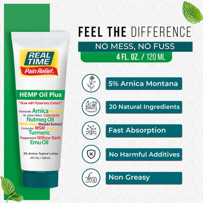 Real Time Pain Relief Hemp Oil Plus 4oz Tube | 20 Natural Ingredients: 5% Arnica & Turmeric | Fast Absorbing Lotion for Muscles, Hands, Feet, Ankles, Back, Shoulders, Knees & Joints Discomfort Real Time Pain ReliefBuy Supplements Australia