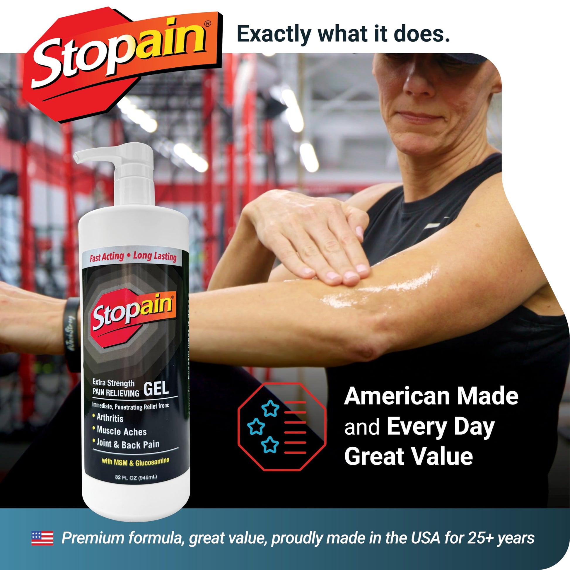 Stopain Pain Relief Gel 32oz, USA Made, Max Strength Fast Acting with Menthol, MSM, Glucosamine for Joint Pain, Back Pain, Arthritis, Knee, Neck Pain, HSA FSA Approved OTC Topical Analgesic Product StopainBuy Supplements Australia