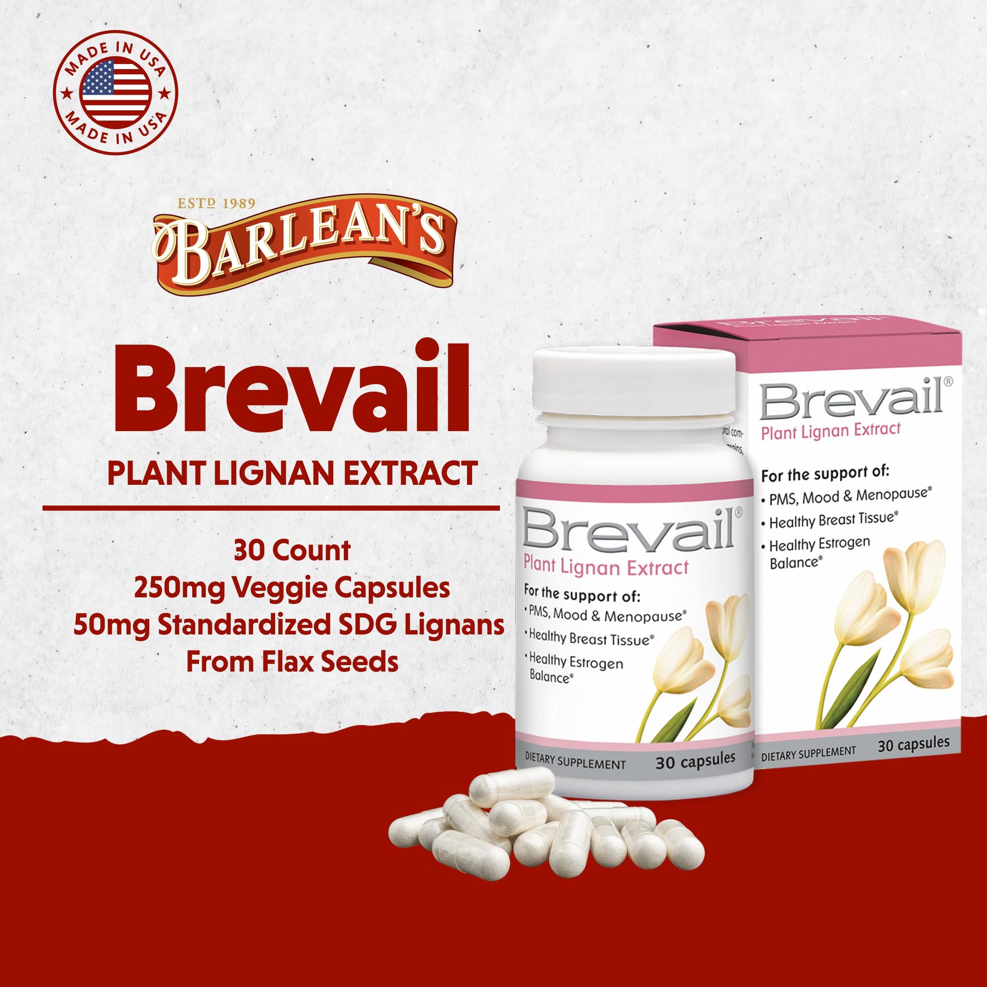 Brevail Plant Lignan Extract Capsules, Proactive Breast Health Supplement with 50 mg SDG Lignans from Flax Seed Hulls for Healthy Estrogen Balance and PMS Mood Support Pills, 30 Count Barlean'sBuy Supplements Australia