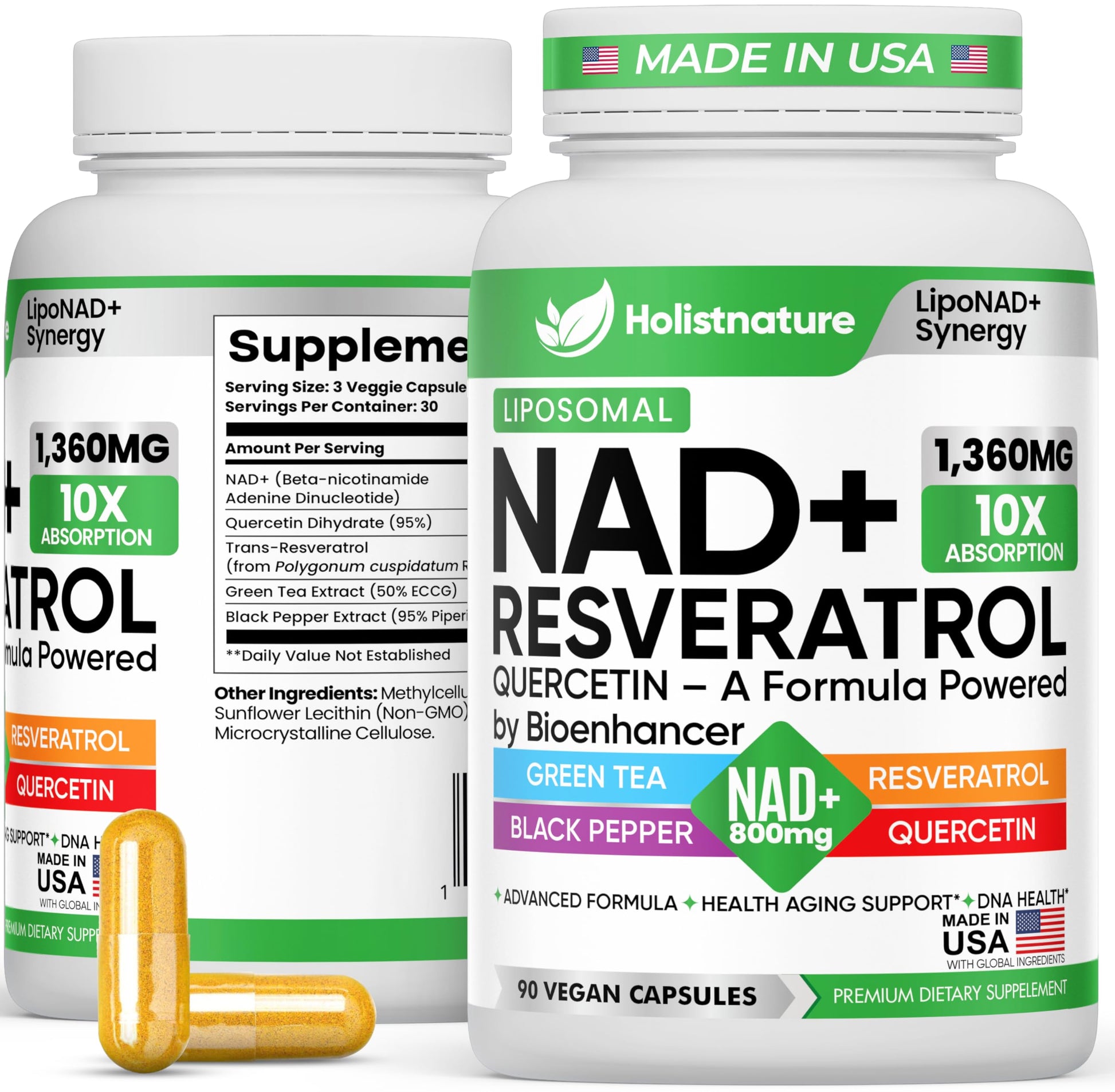 NAD+ Supplement, 1,360mg Max Strength Liposomal | Resveratrol, Quercetin, Green Tea | Cellular Energy & Healthy Aging for Men & Women | 800mg of 100% High Purity NAD+ for Energy, Focus - 90 Capsules HolistnatureBuy Supplements Australia