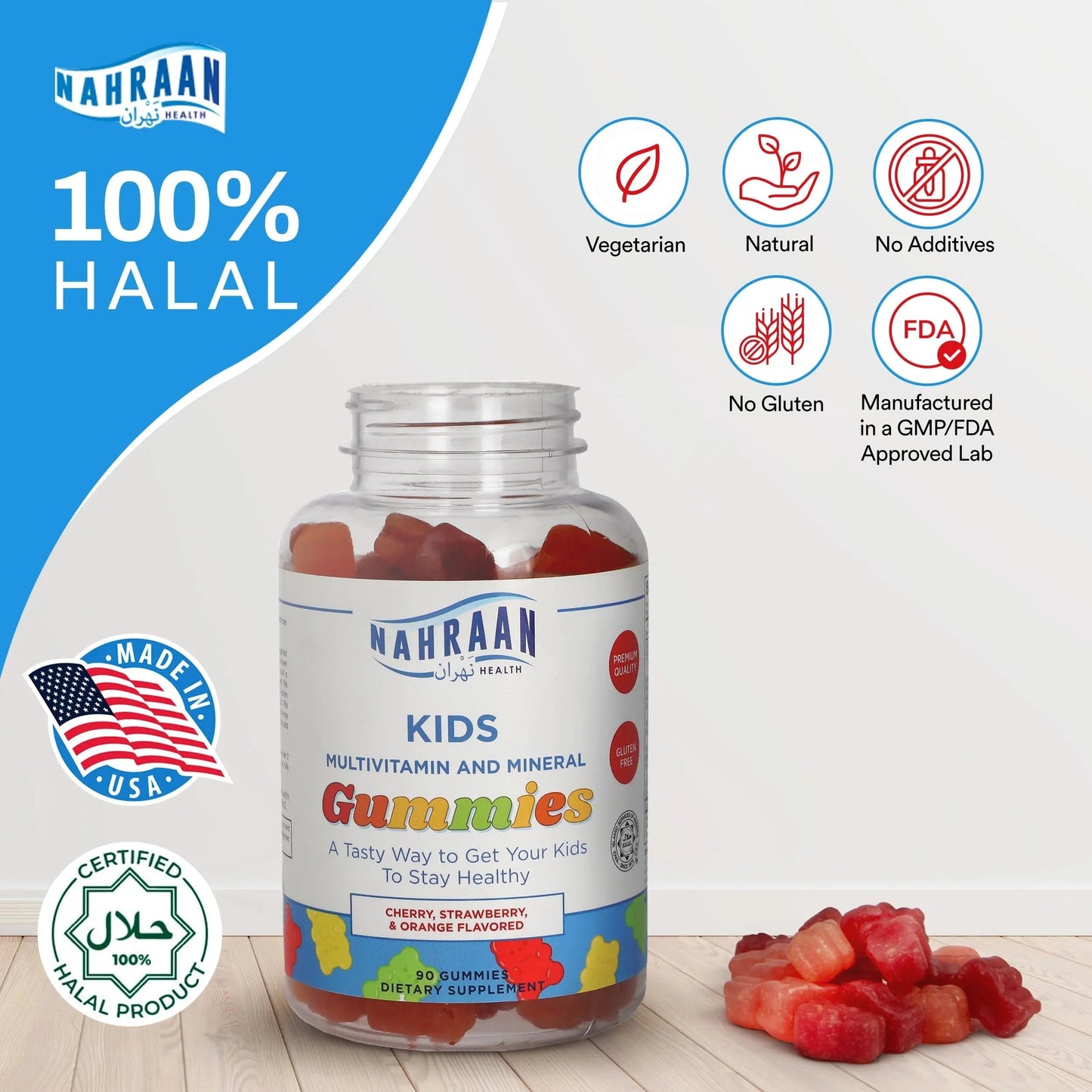 NAHRAAN HEALTH Halal Vitamins for Kids - Halal Multivitamins for Kids Vitamin A, C, D, E, B6, B12 - Non-GMO Vegetarian, Halal Gummies - 90 Count NAHRAAN HEALTH