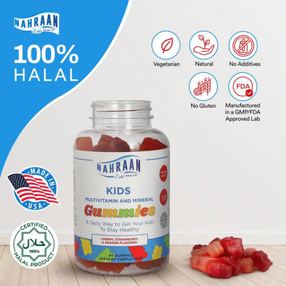 NAHRAAN HEALTH Halal Vitamins for Kids - Halal Multivitamins for Kids Vitamin A, C, D, E, B6, B12 - Non-GMO Vegetarian, Halal Gummies - 90 Count NAHRAAN HEALTH