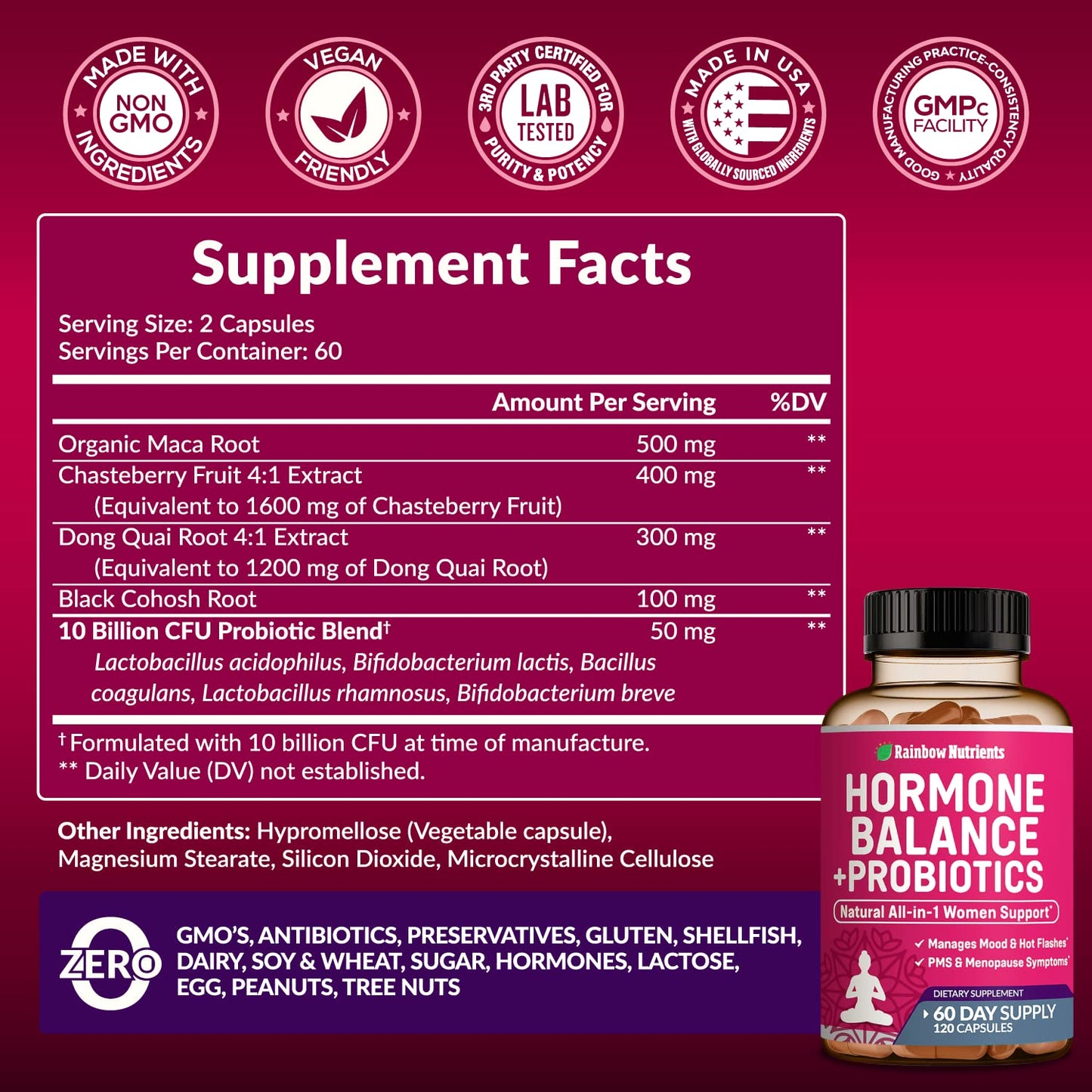 Hormone Balance + Probiotics for Women (3450mg) Natural Relief for Menopause Rainbow Nutrients, LLCBuy Supplements Australia