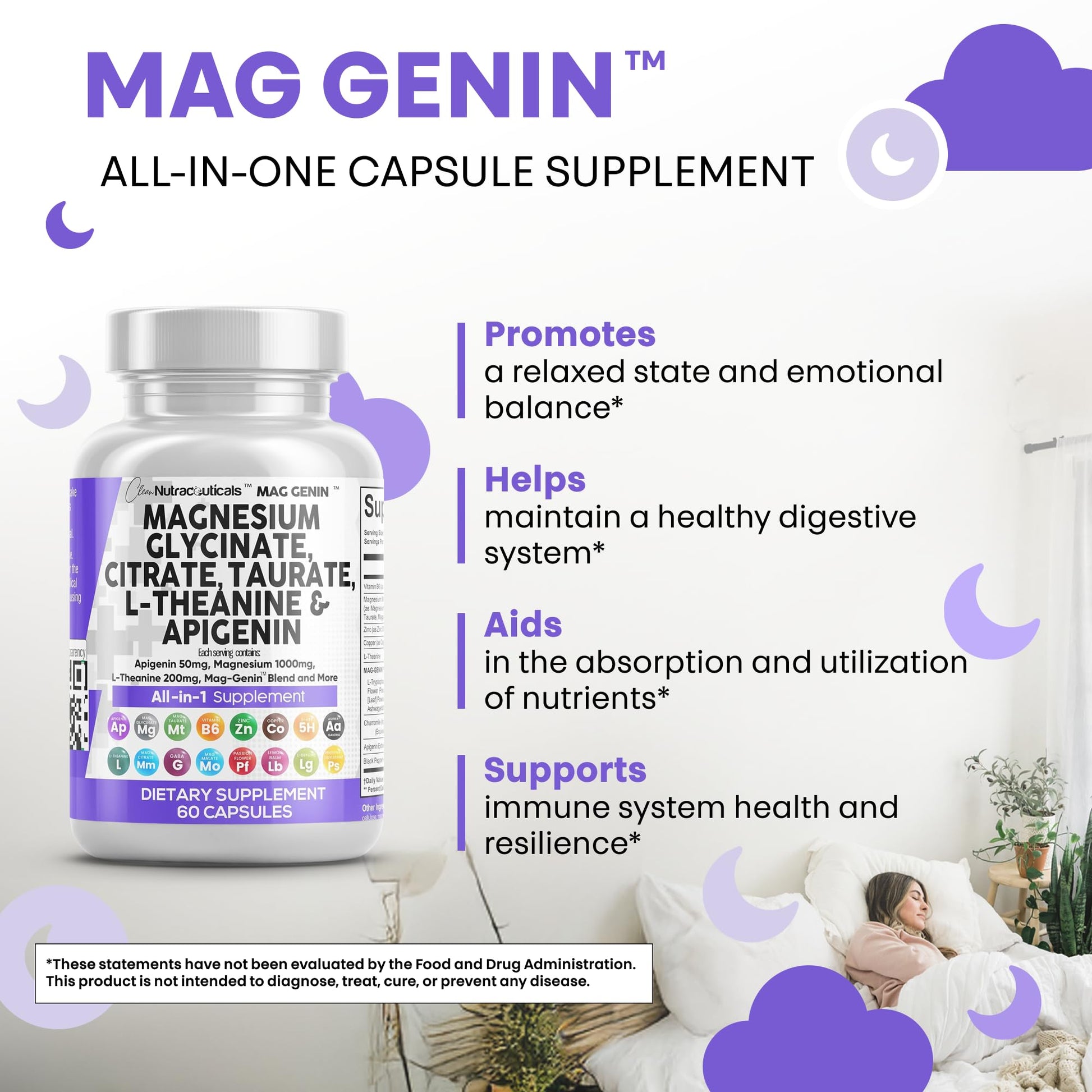Clean Nutraceuticals Magnesium Glycinate Complex 1000mg with L-Theanine 200mg Apigenin 50mg Citrate Taurate Supplement - 5-HTP GABA Passion Flower Lemon Balm L-Glycine Phosphatidylserine - 60 Count Clean NutraceuticalsBuy Supplements Australia