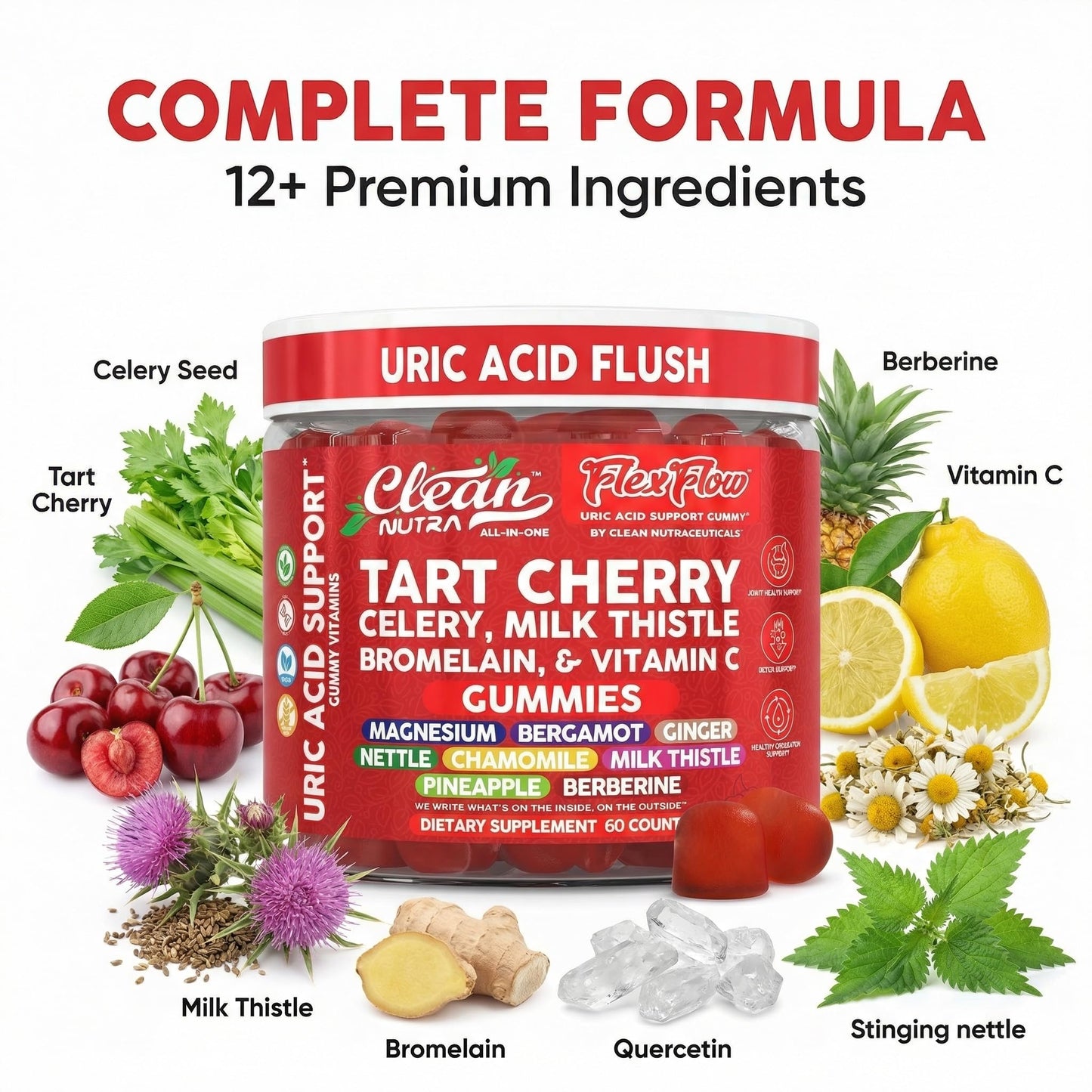 Clean Nutra Tart Cherry Gummies Uric Acid Flush Celery Milk Thistle Bromelain Vitamin C Magnesium Citrus Bergamot Ginger Stinging Nettle Leaf Chamomile Berberine Quercetin Support 60 Gummy Vitamins Clean NutraceuticalsBuy Supplements Australia