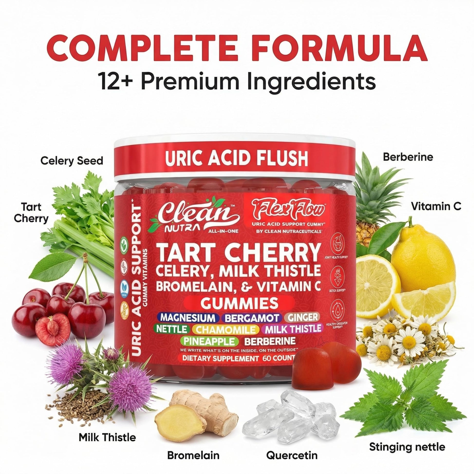 Clean Nutra Tart Cherry Gummies Uric Acid Flush Celery Milk Thistle Bromelain Vitamin C Magnesium Citrus Bergamot Ginger Stinging Nettle Leaf Chamomile Berberine Quercetin Support 60 Gummy Vitamins Clean NutraceuticalsBuy Supplements Australia