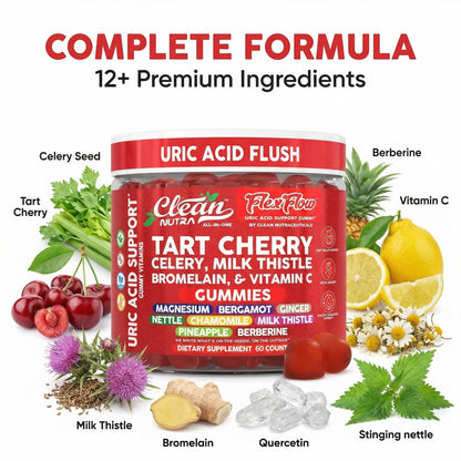 Clean Nutra Tart Cherry Gummies Uric Acid Flush Celery Milk Thistle Bromelain Vitamin C Magnesium Citrus Bergamot Ginger Stinging Nettle Leaf Chamomile Berberine Quercetin Support 60 Gummy Vitamins Clean NutraceuticalsBuy Supplements Australia