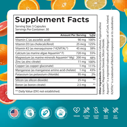 PUREHEALTH RESEARCH Bone Health Formula - for Bones, Joint & Skeletal Wellness - with Calcium, Magnesium, Zinc, Copper, Manganese, Potassium, Vitamin K2, D3, C