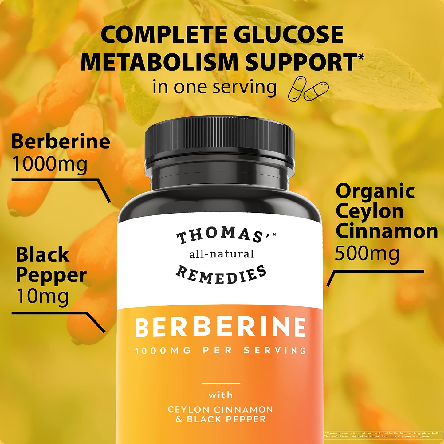 Thomas' all-natural Remedies Berberine 500mg (1000mg Per Serving)- 120 Vegan Capsules Thomas' all-natural RemediesBuy Supplements Australia