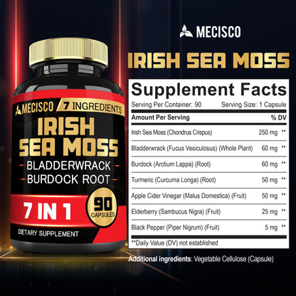 7in1 Irish Sea Moss Capsules 6750 Mg with Organic Bladderwrack & Burdock Root, Turmeric, Apple Cider Vinegar - Raw Seamos Pills for Hair, Skin, Thyroid Healths - 90 Caps for 3-Month Supply MeciscoBuy Supplements Australia