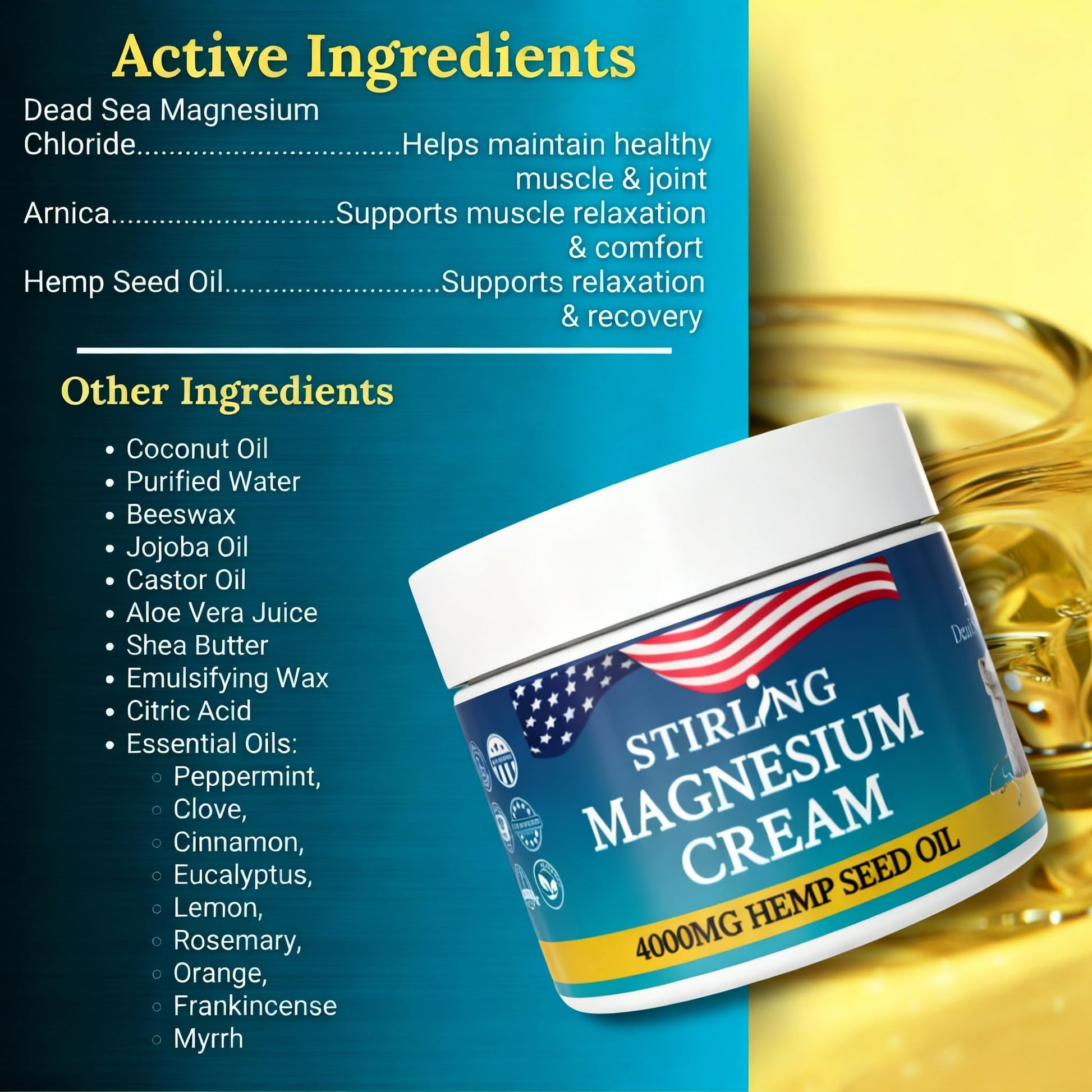 STIRLING Magnesium Cream - 4000mg Hemp Seed Oil + Magnesium & Arnica - Supports Joint Mobility, Muscle Comfort & Back Function - Made in USA with Premium Ingredients STIRLINGBuy Supplements Australia