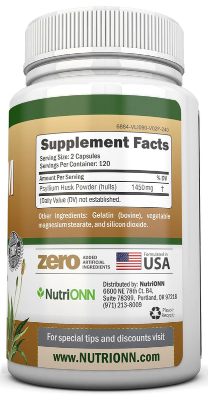 NutriONN PSYLLIUM Husk Capsules - 1450mg Per Serving - 240 Capsules - Double Strength NutriONNBuy Supplements Australia