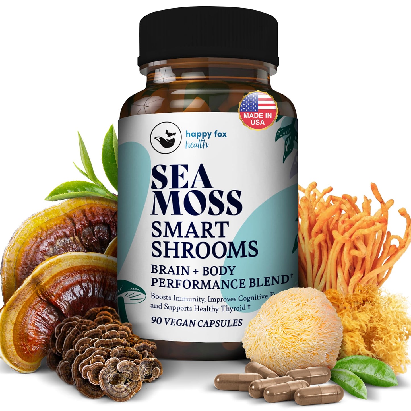 HAPPY FOX Irish Sea Moss Capsules & Mushroom Complex - Organic Seamoss with Adaptogens for Brain Health, 1500mg, 90 Vegan Capsules, Organic Mushroom Supplement HAPPY FOXBuy Supplements Australia